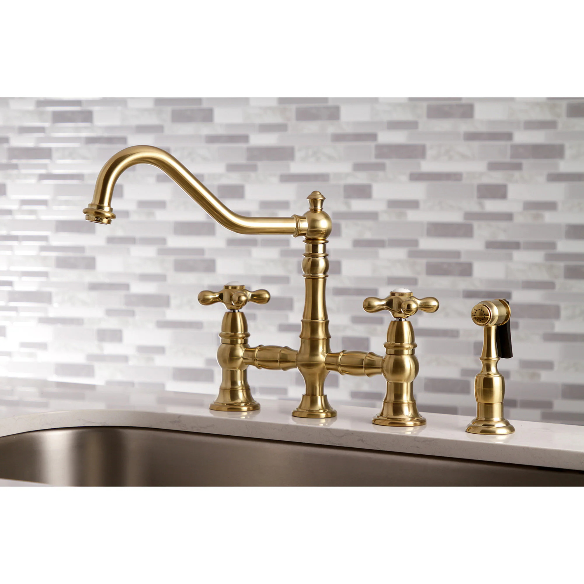 Kingston Brass Restoration Brushed brass Double Handle Deck-mount Bridge Kitchen Faucet with Sprayer (Includes Side Sprayer) | WLKS3277AXBS | Lowe's