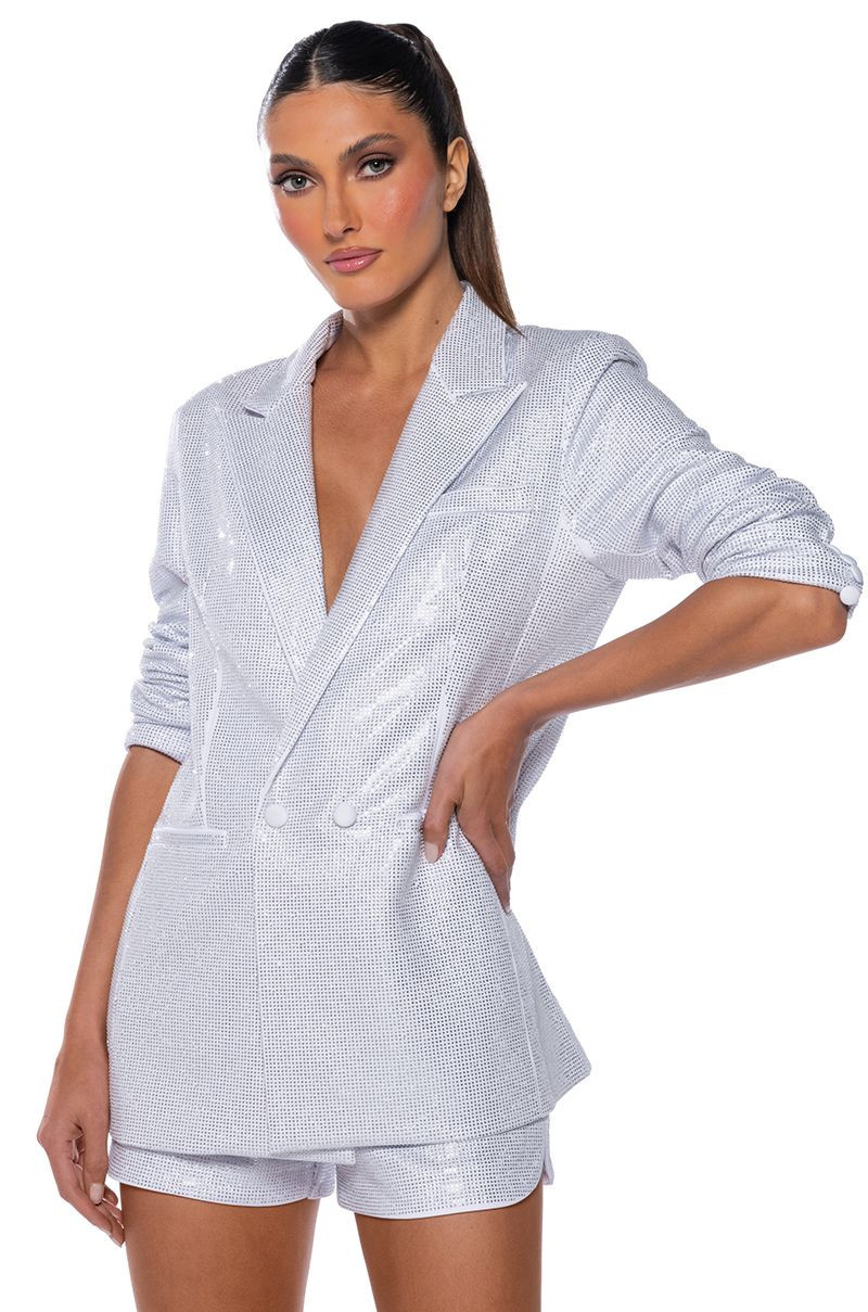 POP STAR SHINE BRIGHT RHINESTONE BLAZER IN WHITE | AKIRA