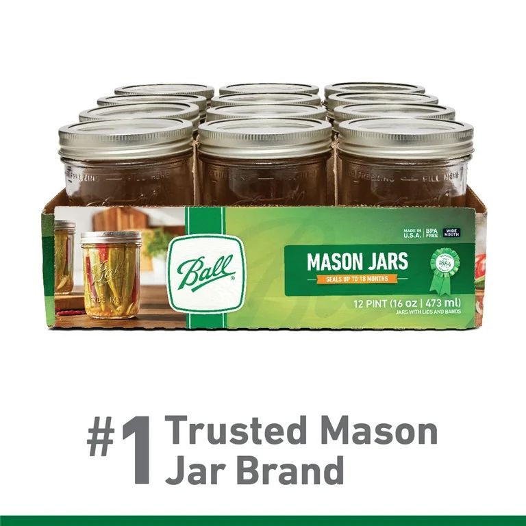 Ball, Glass Mason Jars with Lids & Bands, Wide Mouth, Clear, 16 oz, 12 Count - Walmart.com | Walmart (US)