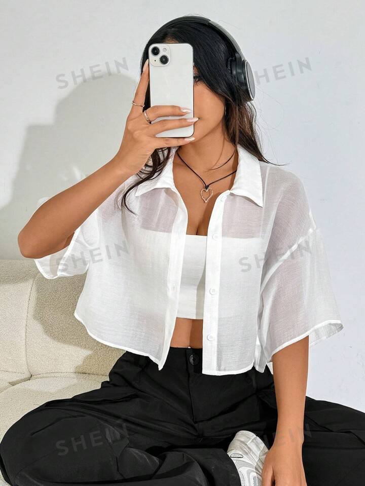 SHEIN EZwear Drop Shoulder Sheer Button Front Shirt | SHEIN