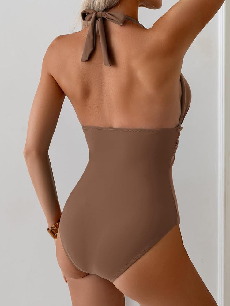 Aidonger Women's One Piece Swimsuit Sexy Halter V Neck Bathing Suit Tummy Control Ruched Metal Sw... | Amazon (US)
