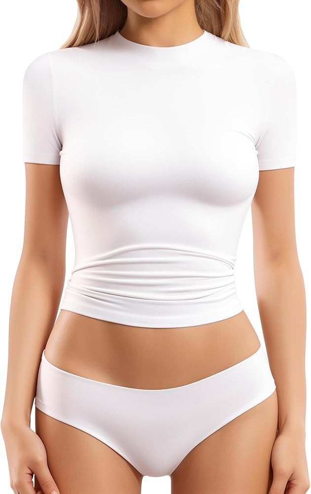 MANGOPOP Women's Double Lined Short Sleeve Tops Crew Neck T Shirts Fitted Basic Tee | Amazon (US)