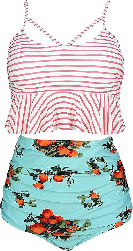 COCOSHIP Women's Retro Boho Flounce Falbala High Waist Bikini Set Chic Swimsuit(FBA) | Amazon (US)