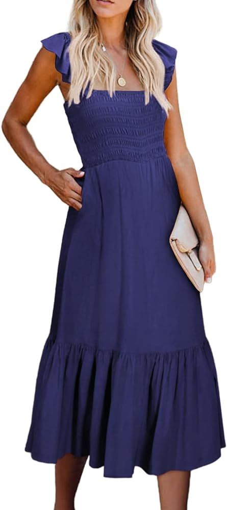 BLENCOT Women's Ruffle Spaghetti Straps Midi Dress 2023 Summer Sleeveless A Line Swing Smocked Su... | Amazon (US)