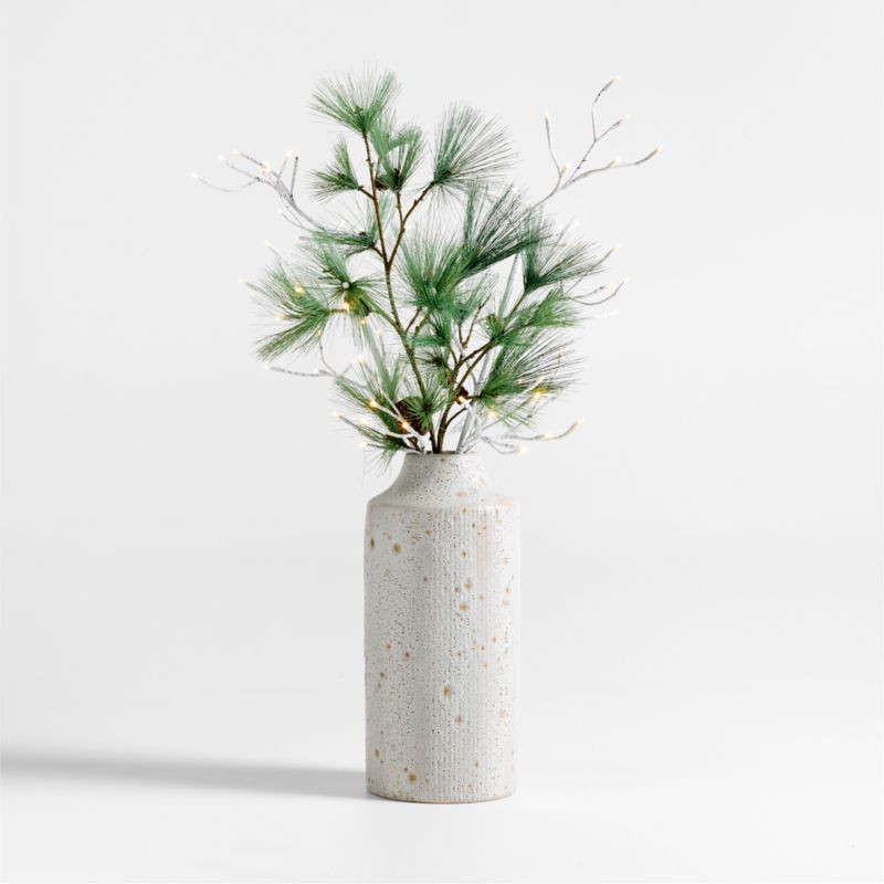 LED Birch Stem & Needle Pine Stem Holiday Arrangement Ema in White Ceramic Vase | Crate & Barrel | Crate & Barrel