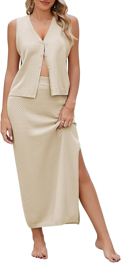 Pink Queen Women's Summer 2 Piece Outfit Set V Neck Button Crop Tank Top Vest Bodycon Maxi Long S... | Amazon (US)