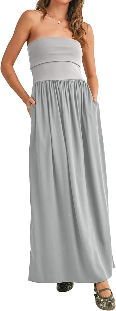 MISSACTIVER Womens Summer Drop Waist Flowy Patchwork Strapless Maxi Tube Dress Off Shoulder Casua... | Amazon (US)