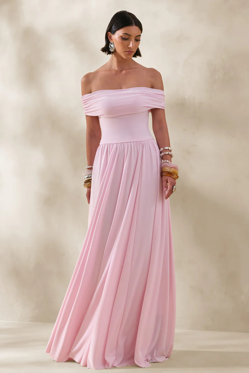 Cindie  Pink Bardot-Neck Maxi Dress | Club L London