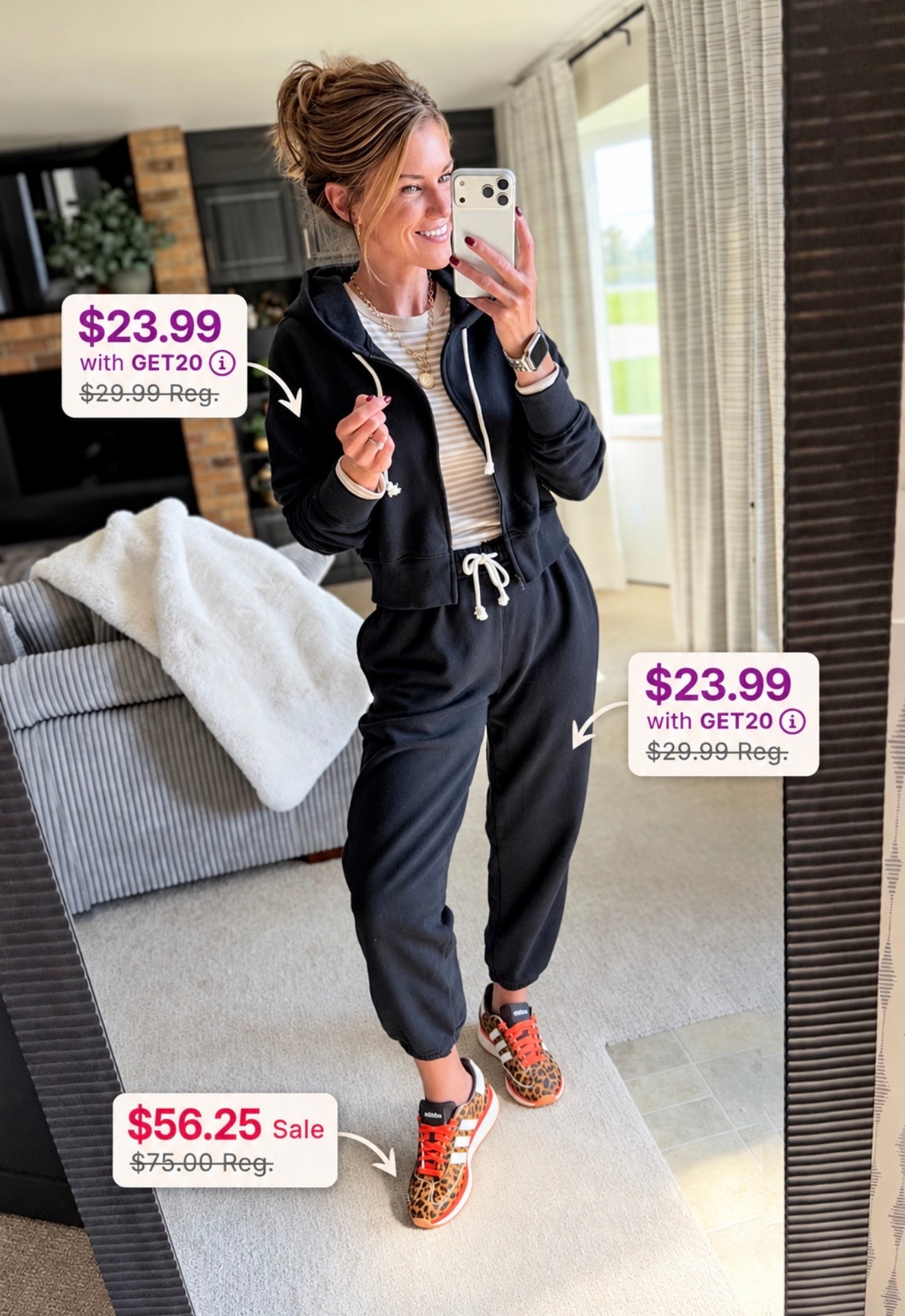 Comfy but make it cute. Kohl’s finds on sale with code GET20. 
Wearing medium in jacket and pants. Sneakers sized down a half size
