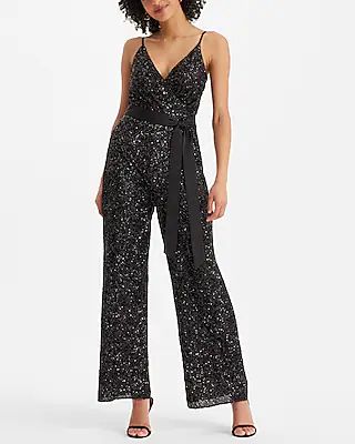 Sequin V-Neck Tie Waist Wide Leg Jumpsuit | Express