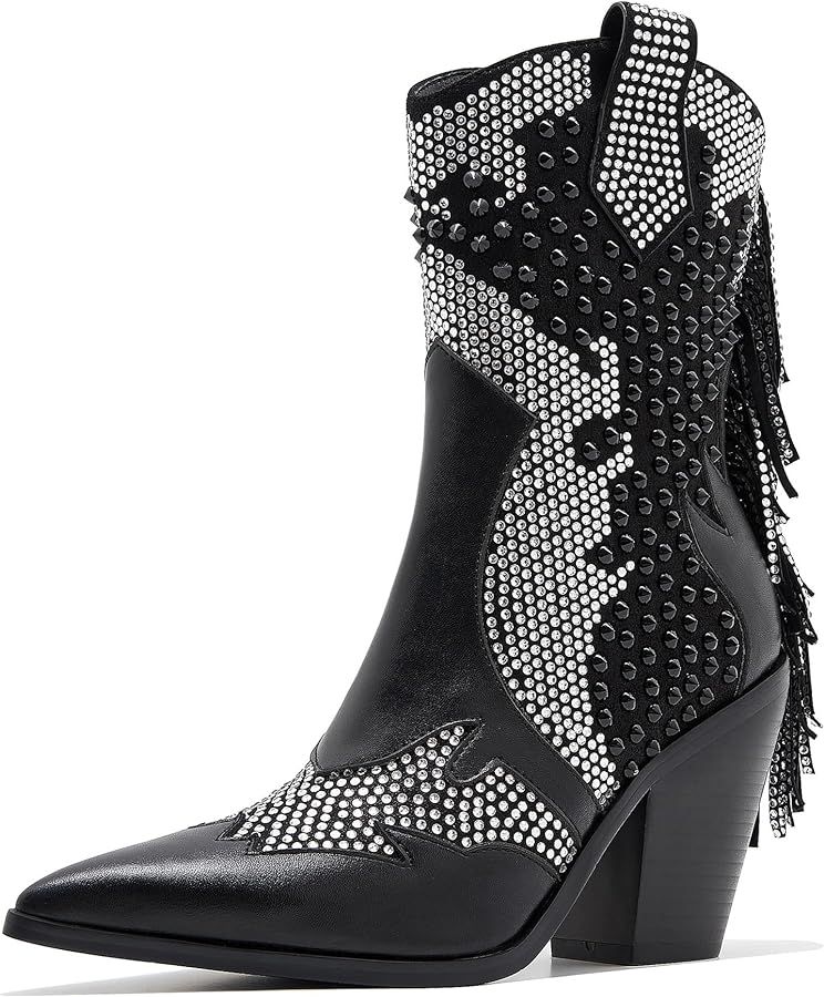 BECKNAD Ankle Boots for Women Chunky Heel Rivet Western Cowboy Boots With Tassel Pointed Toe Rhin... | Amazon (US)