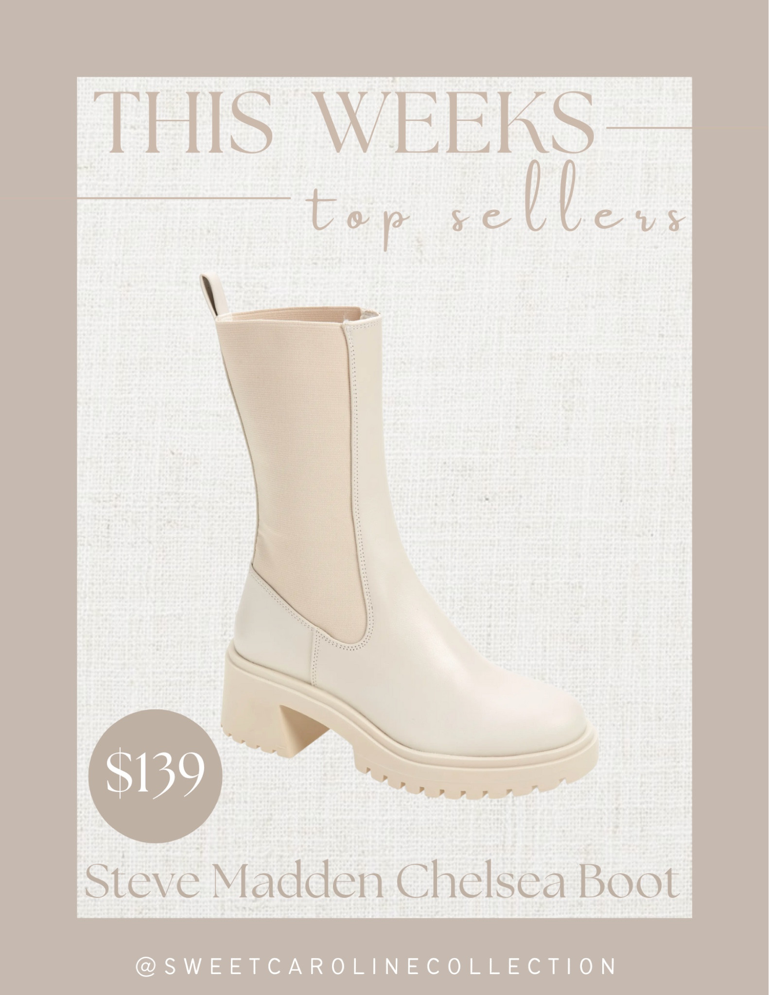 This weeks top sellers!

2. Steve Madden Chelsea bootie

Nordstrom, bootie, Chelsea boot, dolce vita, Sam Edelman, Steve Madden, best seller, top seller, under 150, fall, fall fashion, style, shoes, seasonal, must have, sweet Caroline collection

#LTKstyletip #LTKshoecrush #LTKSeasonal
