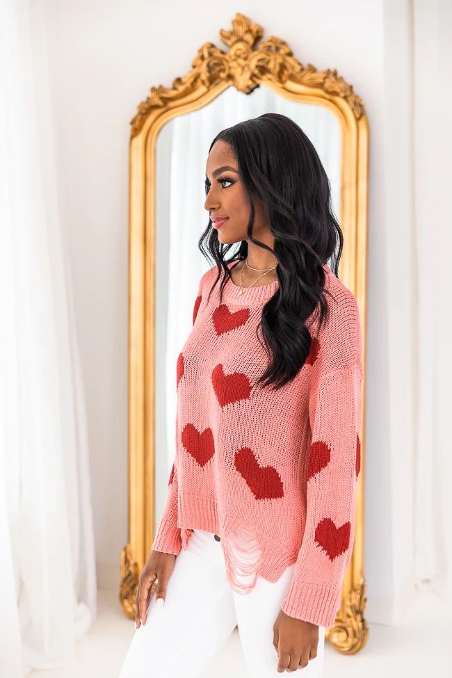 Simply Sweet Distressed Heart Pink Sweater | The Pink Lily Boutique
