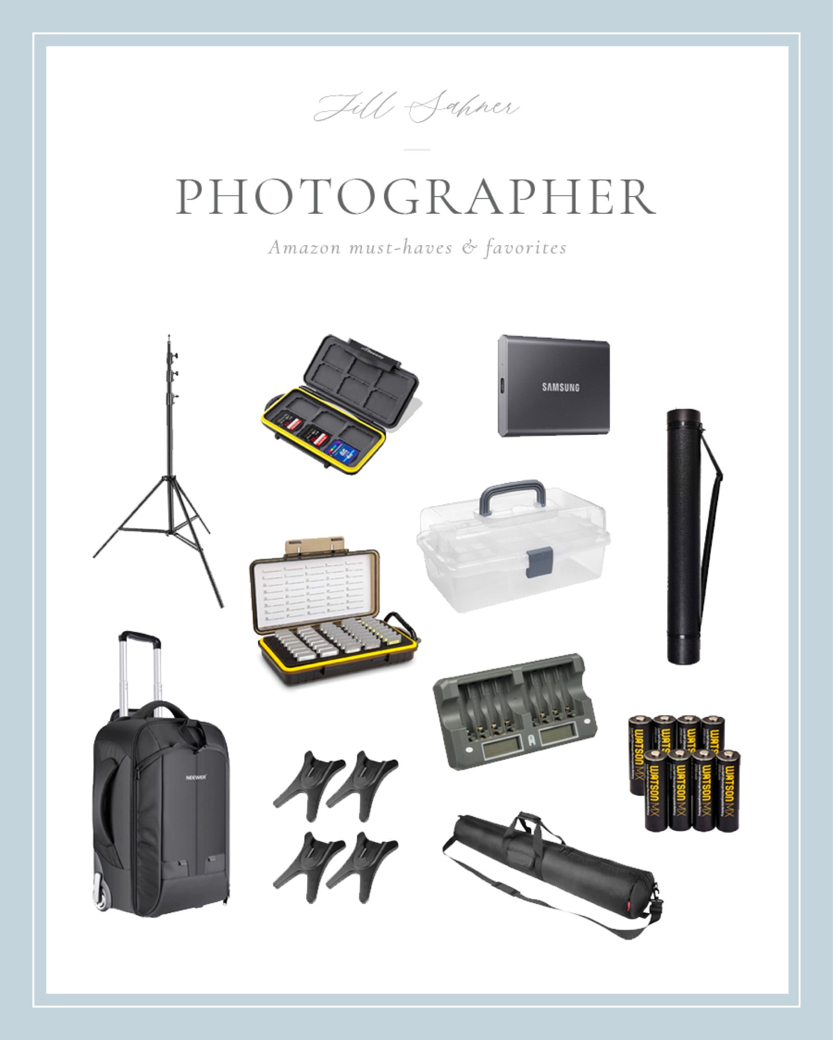 For my photographer friends — my must-have Amazon finds that I use for weddings 🙌🏼 Photographer gear, SD card holder, light stand, flat lay details box, styling mat carrying case, wheeled camera backpack