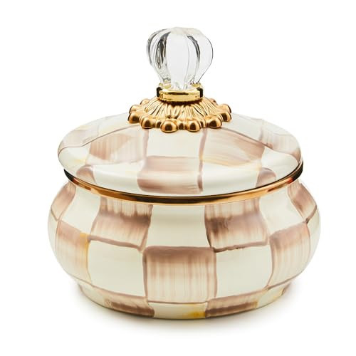 MACKENZIE-CHILDS Enamel Squashed Pot, Cute Enameled Container with Lid, 20 Ounces, Brown-and-White Mocha Check | Amazon (US)