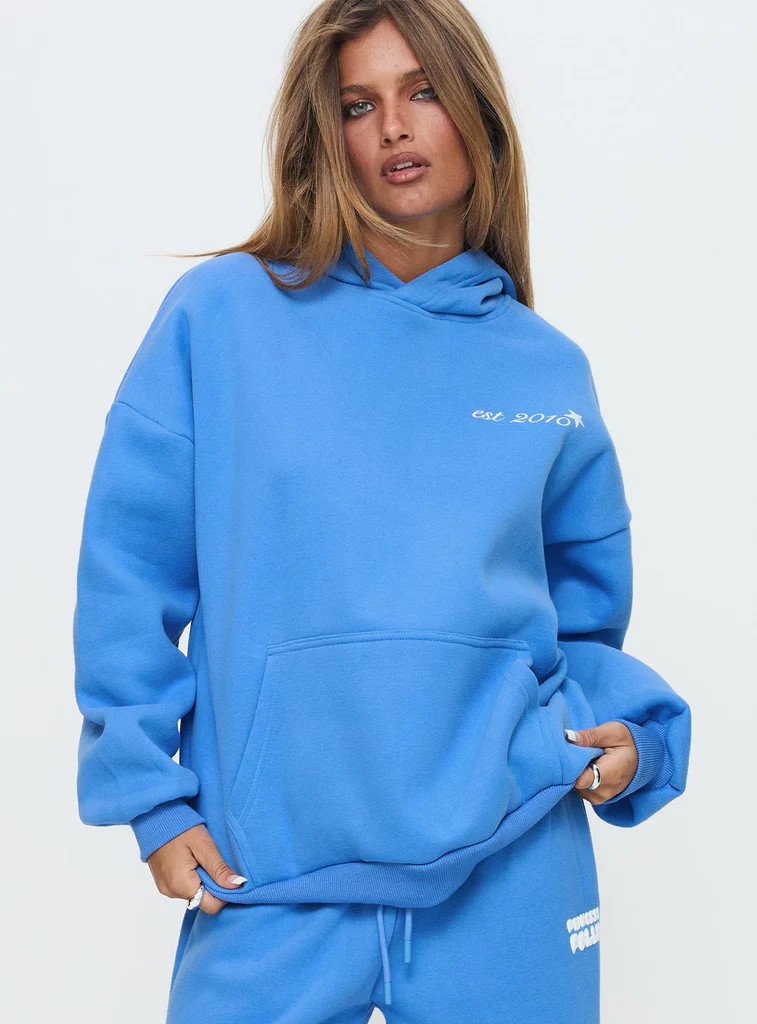 Princess Polly Hooded Sweatshirt Bubble Text Blue / White | Princess Polly US