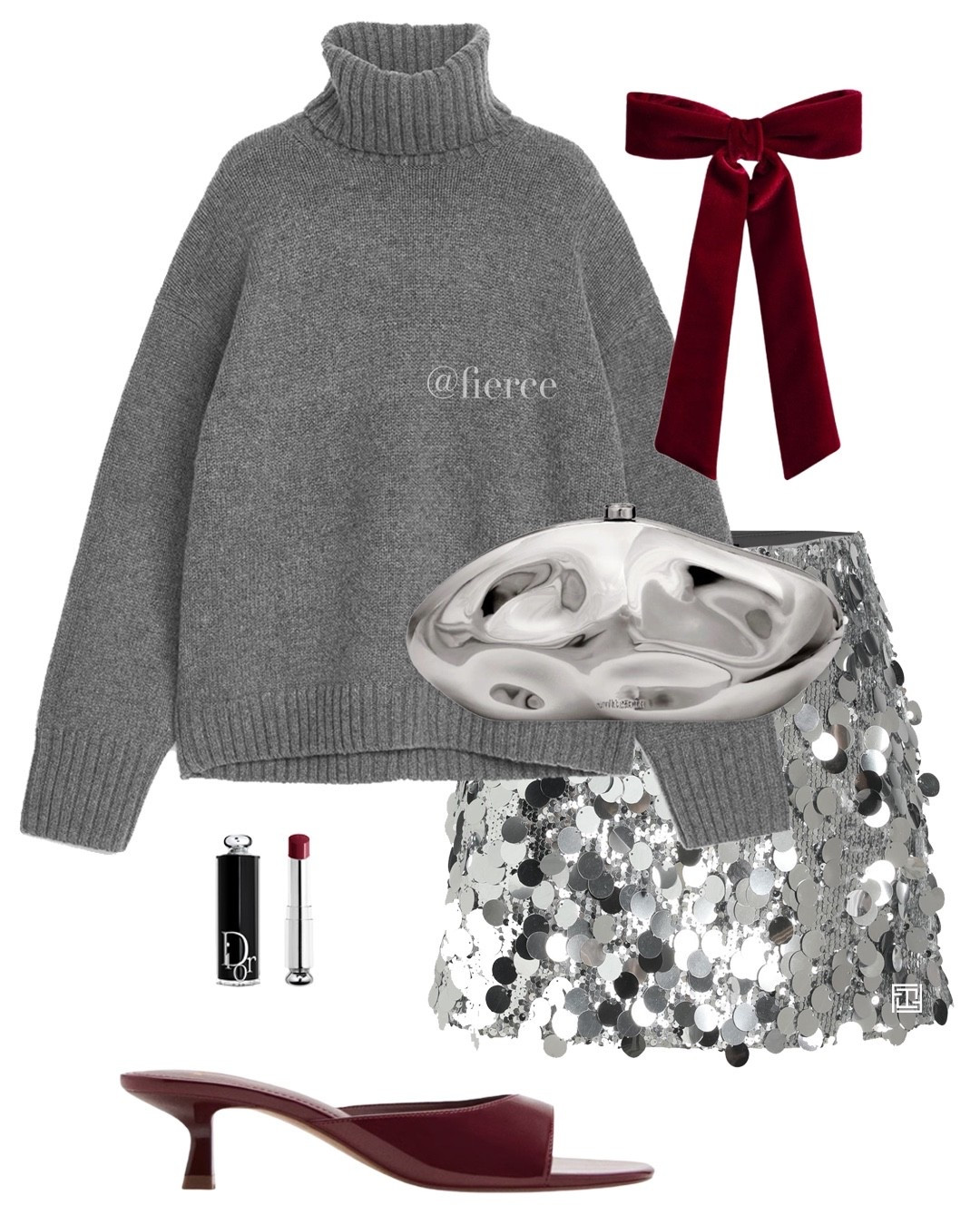 Grey roll neck jumper silver sequin mini skirt burgundy velvet hair bow burgundy heeled mules silver clutch bag evening dinner Christmas party event date night 

#LTKdatenight #LTKpartywear #LTKuk
