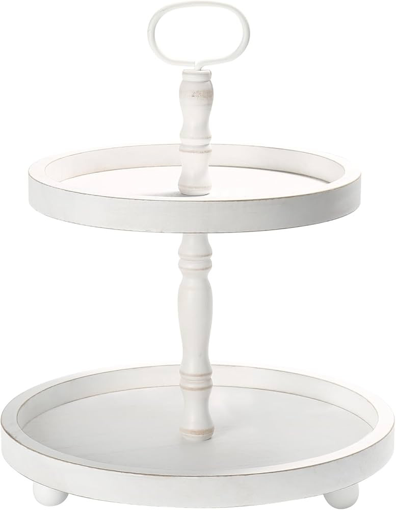 Wooden Two Tiered Tray Stand, Farmhouse Round 2 Tier Decorative Tray for Home Kitchen Table Decor... | Amazon (US)