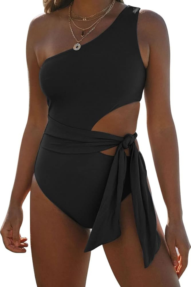 LILLUSORY Women One Shoulder Tummy Control Swimsuits Tie Side One Piece Monokinis Cut Out Sexy Bathi | Amazon (US)