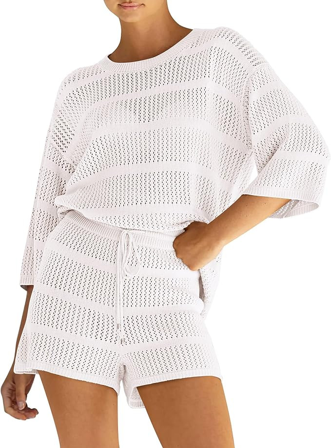Pretty Garden Womens 2 Piece Coverup Hollow Out Knit Half Sleeve Tops Shorts Swimsuit | Amazon (US)