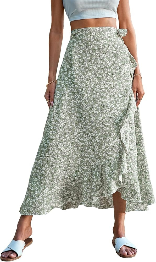 Floerns Women's Allover Floral Print Ruffle Hem Wrap Skirts Knot Side High Waist Maxi Skirts | Amazon (US)