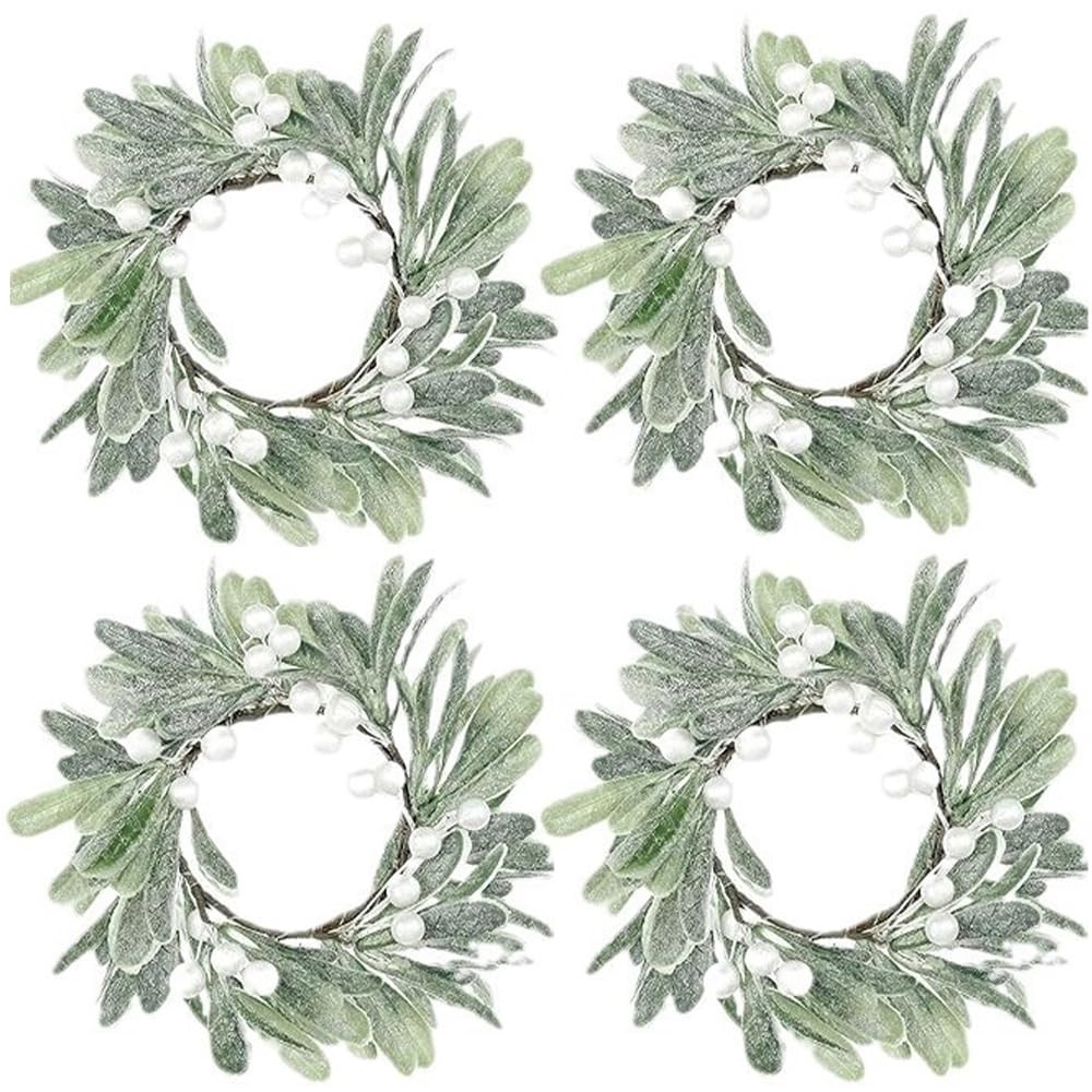 4 Pcs Christmas Candle Rings Wreath Eucalyptus Holder Flocked Artificial Mistletoe Wreaths with P... | Amazon (US)