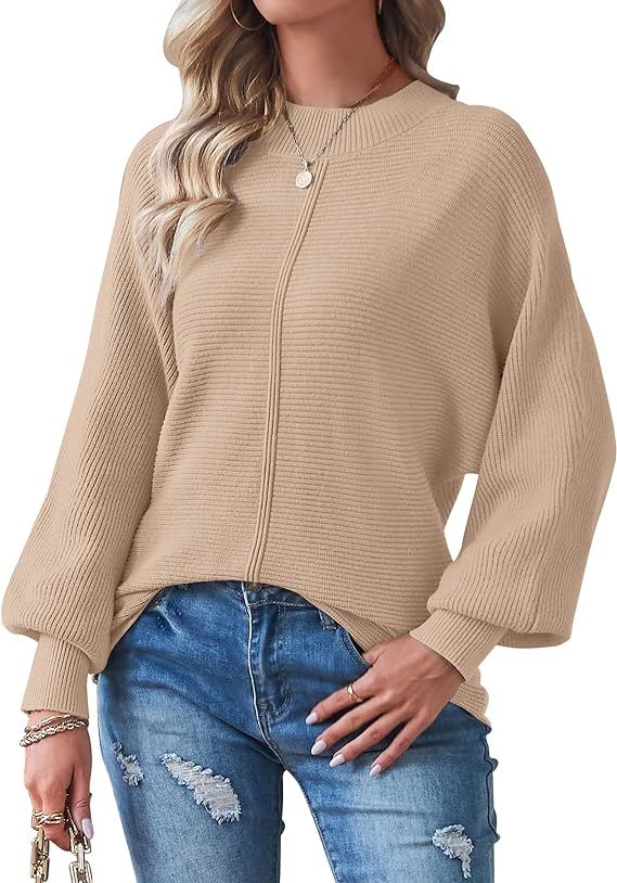 TECREW Women's Batwing Long Sleeve Crew Neck Pullover Sweater Soft Ribbed Knit Sweater Top | Amazon (US)