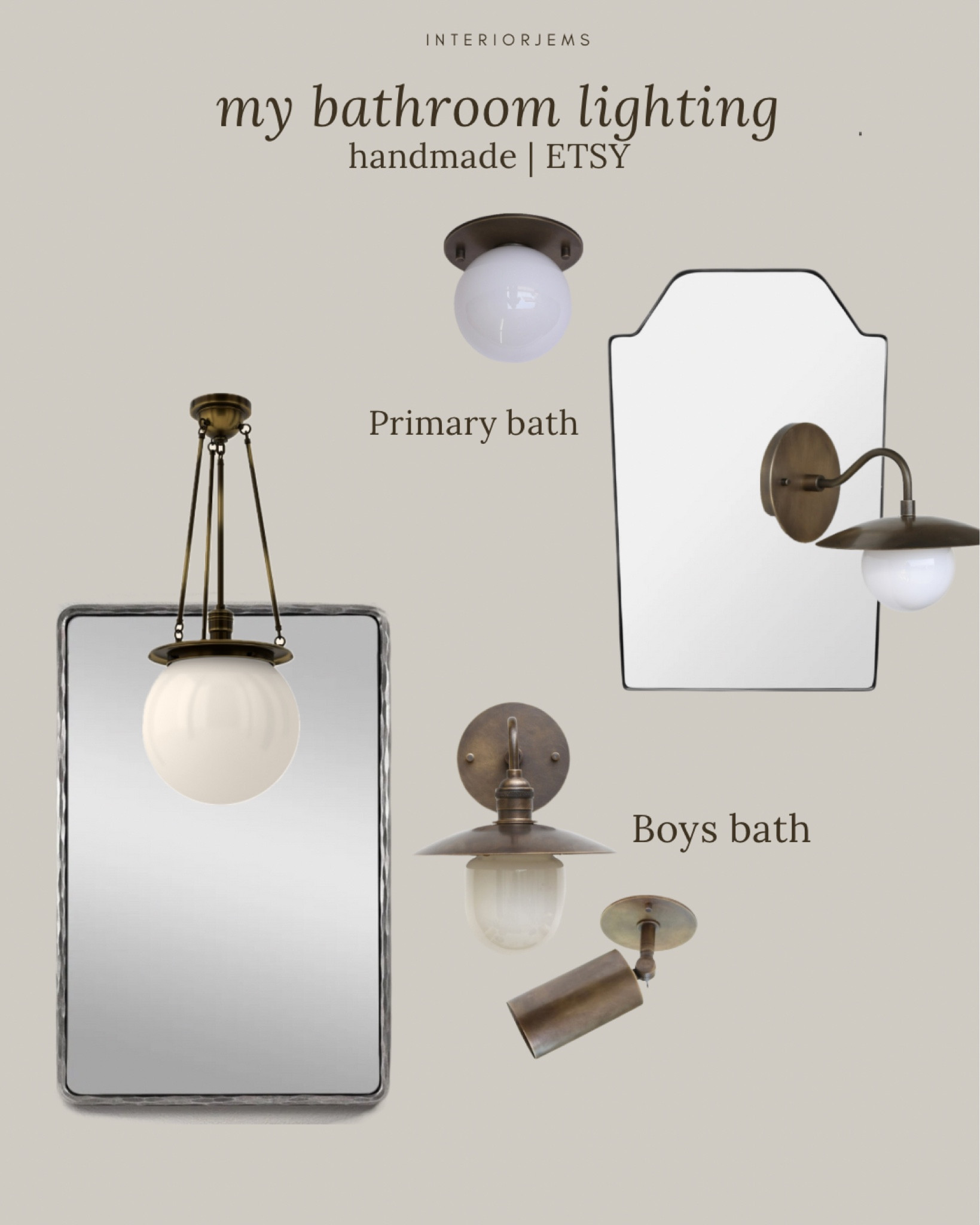 Coordinating bathroom, lighting, for boys bath and primary bath, here’s what I’ve ordered so far for our bathroom, on sale best seller mirror from Myano, bathroom mirror, all of these light fixtures are handmade from Etsy, except for the pendant is from rejuvenation, antique brass, lighting, wall, sconce, ceiling, lights, directional ceiling light

#LTKStyleTip #LTKHome #LTKSaleAlert