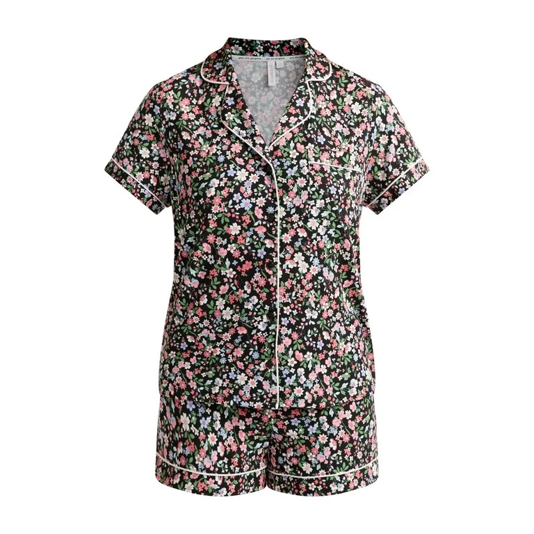Joyspun Women’s Short Sleeve Knit Notch Collar Top and Shorts Pajama Set, 2-Piece, Sizes XS-3X | Walmart (US)