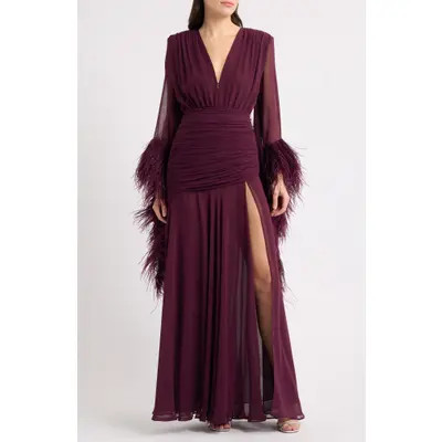 BRONX BANCO Feather Detail Long Sleeve Ruched Gown in Burgundy at Nordstrom, Size Large | Nordstrom