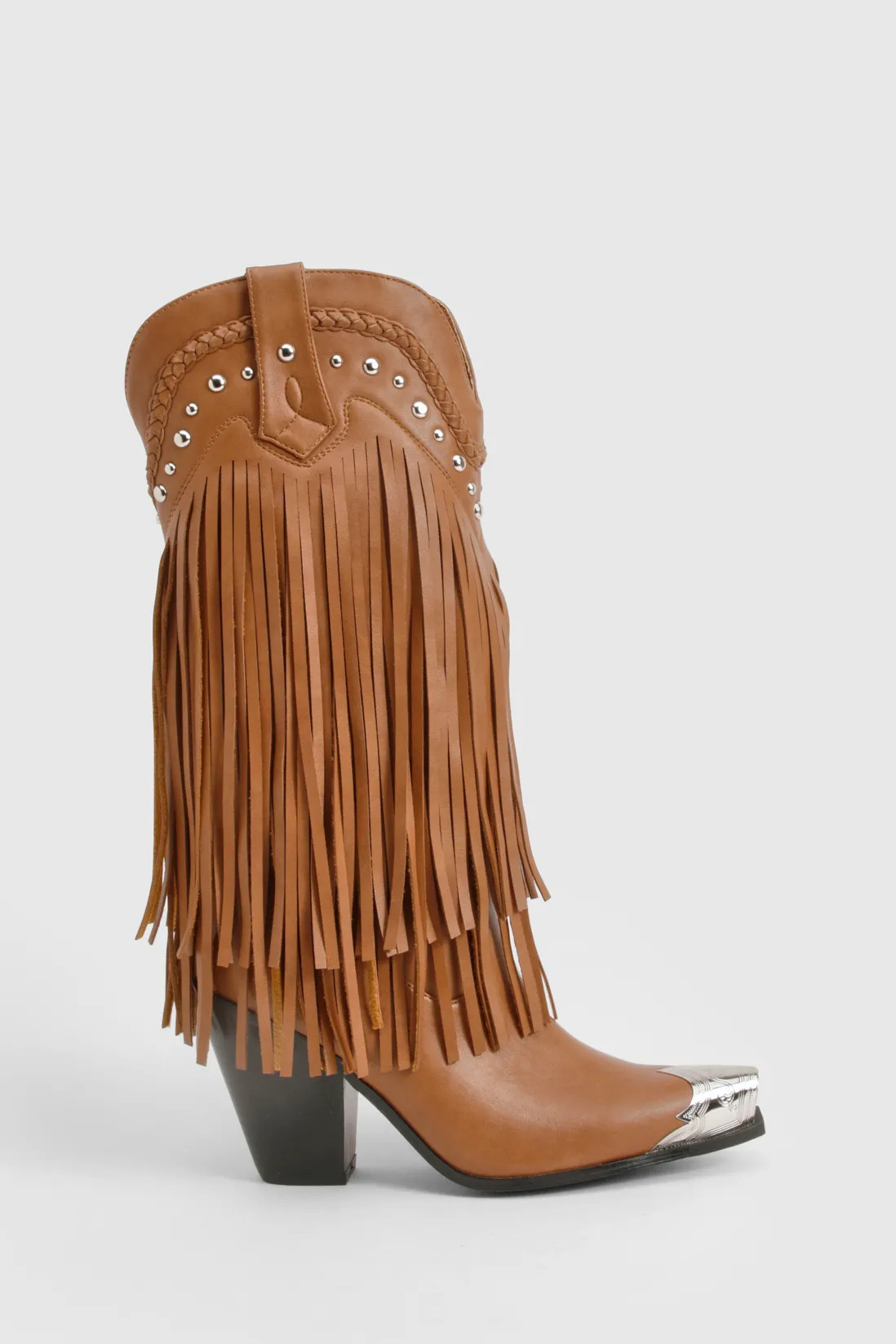 Western Stud Fringe Toe Cap Western Boots | boohoo (US & Canada)