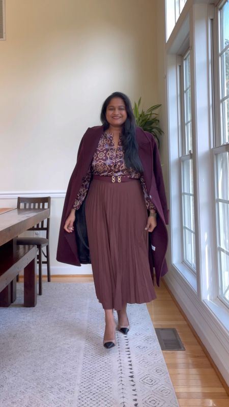 Monotone burgundy outfit for Thanksgiving, @Anntaylor blouse in size S (on sale) @hauslab lip crayon in the shade Mocha Matte
Linked similar skirt 
@stevadden heels 

Holiday outfit, thanksgiving outfit, office, office outfit

#LTKHoliday #LTKfindsunder50 #LTKmidsize