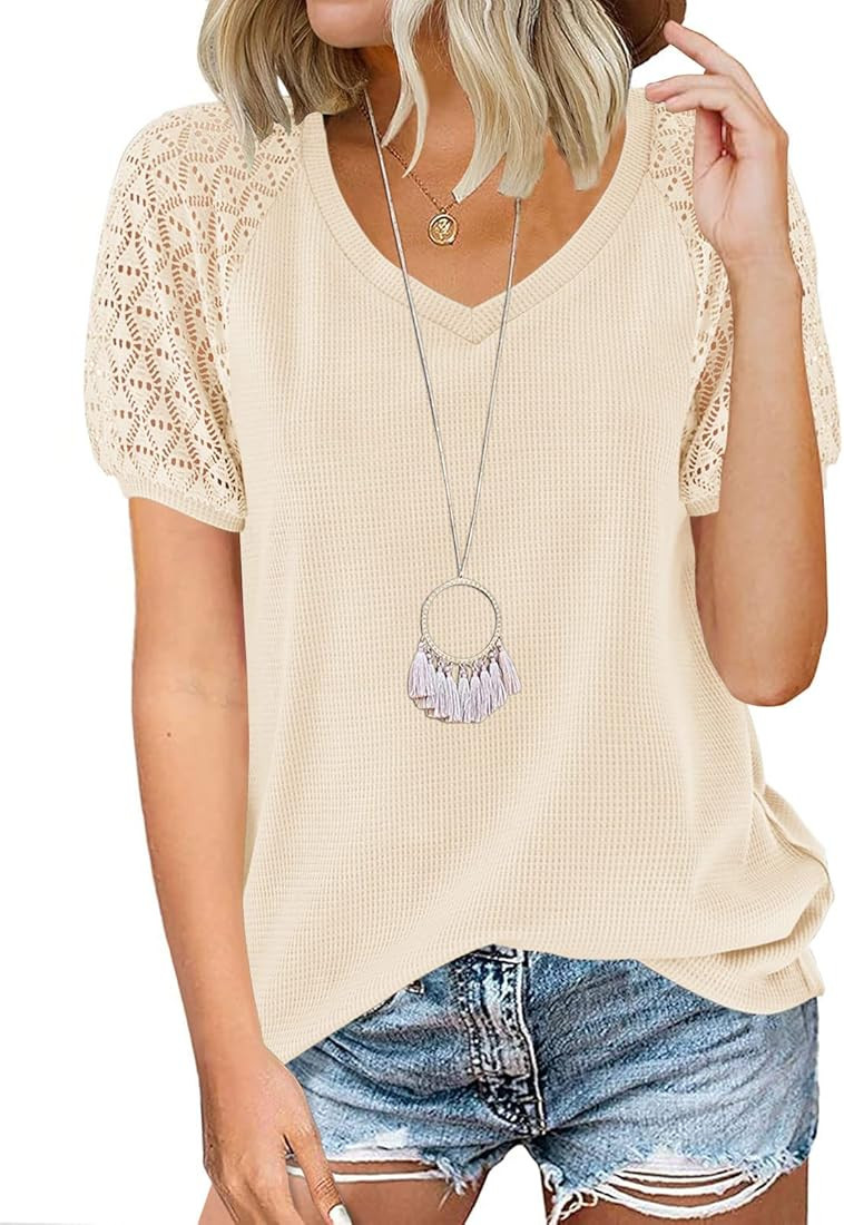 MEROKEETY Women's Summer Lace Short Sleeve V Neck Tops Shirt Loose Casual Waffle Tee Blouse | Amazon (US)