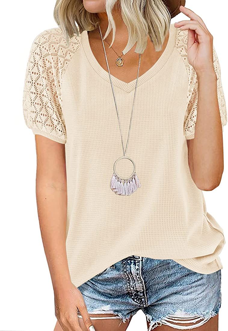 MEROKEETY Women's Summer Lace Short Sleeve V Neck Tops Shirt Loose Casual Waffle Tee Blouse | Amazon (US)