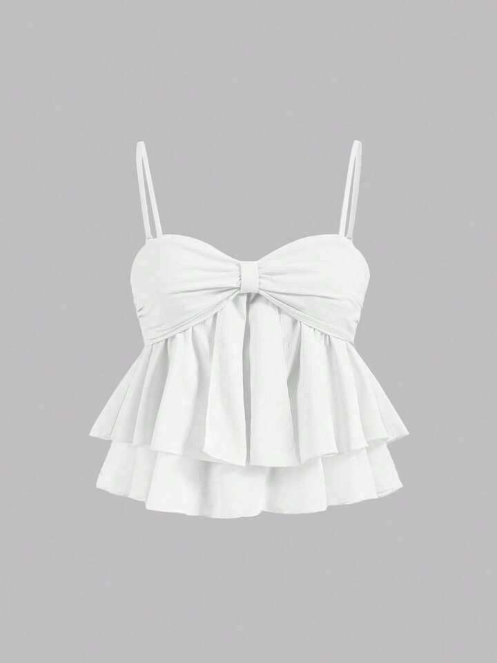 SHEIN MOD Women Summer Sweet Pink Pleated Ruffle Trim Camisole Top,Summer Crop Tops | SHEIN