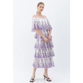 Lavender Printed Pleated Off-Shoulder Tiered Dress in White | Chicwish
