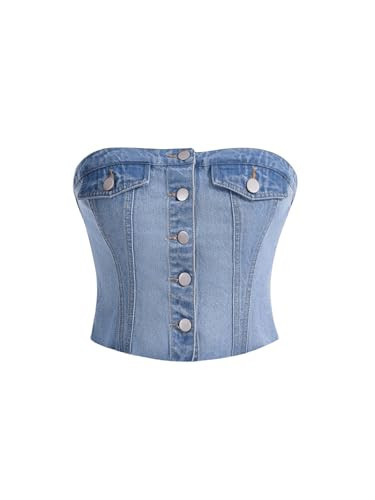 Milumia Women's Button Front Denim Tube Top Raw Hem Strapless Bandeau Jean Tops Dusty Blue Medium | Amazon (US)