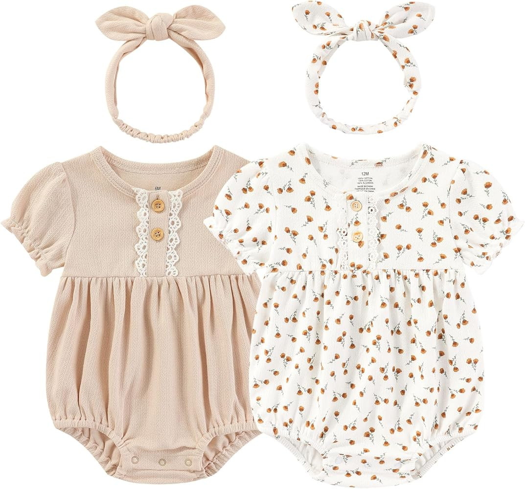 Baby Girl Clothes Cotton Bubble Romper Floral Bodysuits Infant Outfit Set | Amazon (US)