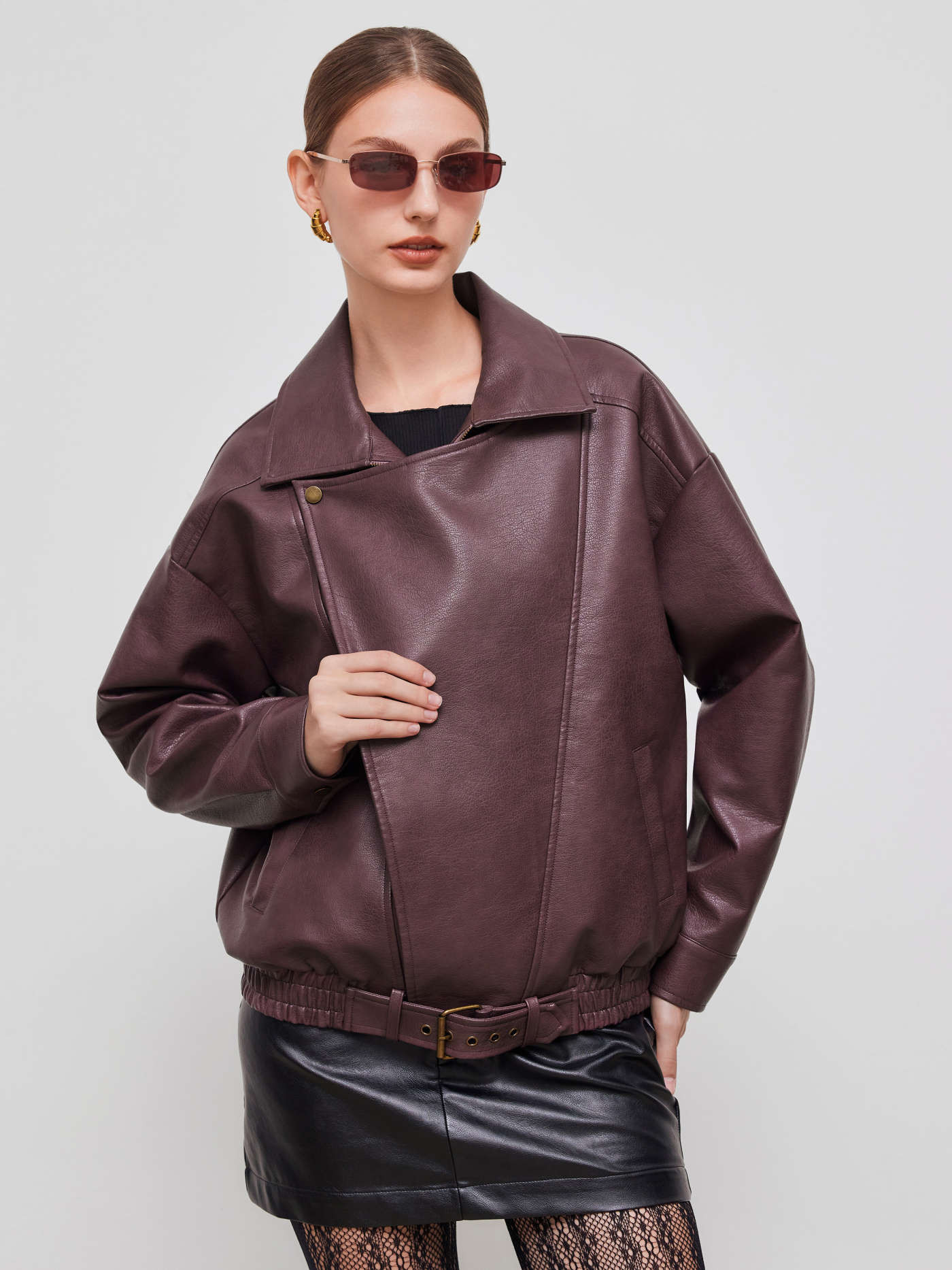 Faux Leather Collar Solid Belted Pocket Biker Jacket | Cider