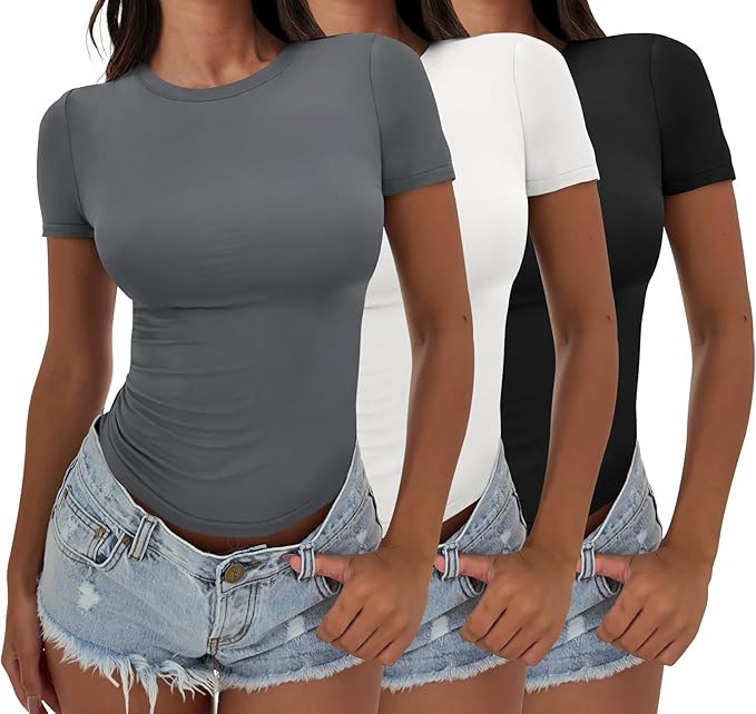 ANRABESS Women’s 3 Pack Short Sleeve Shirts 2026 Crop Tops Tight Fitted Basic Tees Workout T Sh... | Amazon (US)