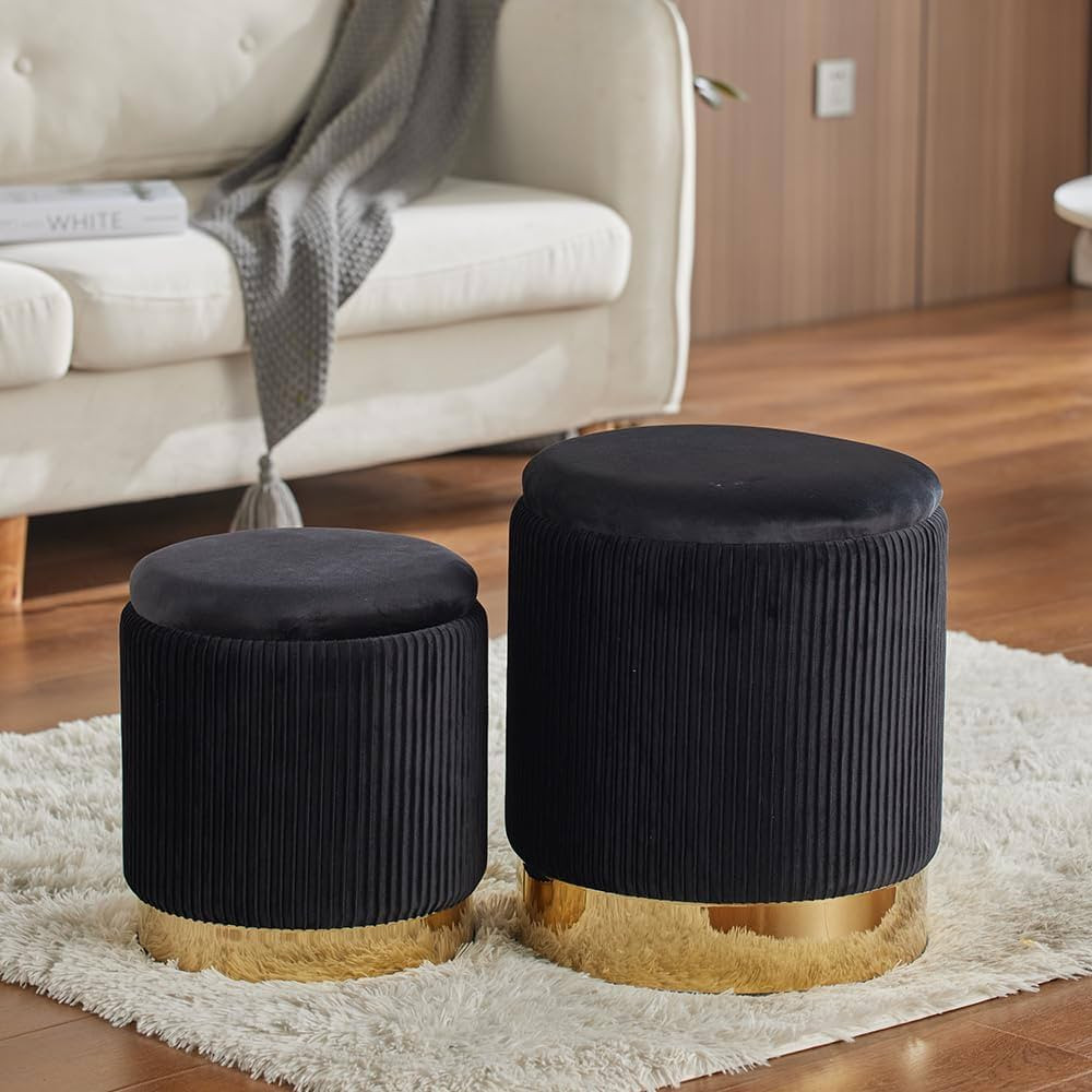 Round Ottoman with Storage Set of 2 Black Velvet Storage Ottoman for Living Room and Bedroom Roun... | Amazon (US)