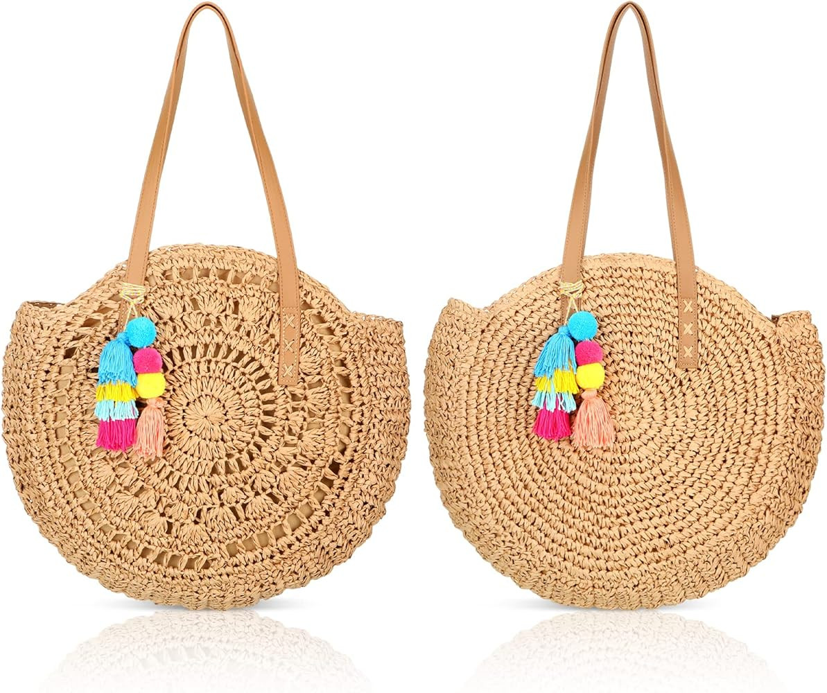 Hillban 2 Pcs Woven Beach Bag for Women Large Round Straw Bag Chic Boho Tote Bag Purse with Pom T... | Amazon (US)