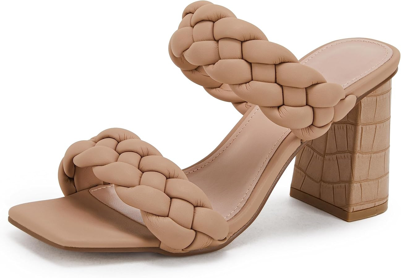 Syktkmx Women's Braided Heeled Sandals Backless Square Open Toe Block Slide Sandals | Amazon (US)