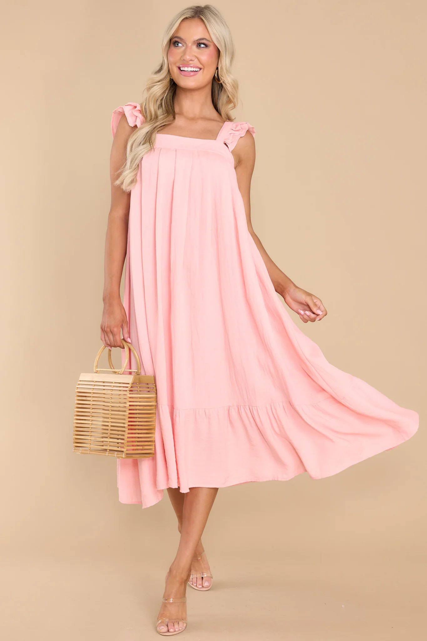 So You Hear Light Melon Midi Dress | Red Dress 