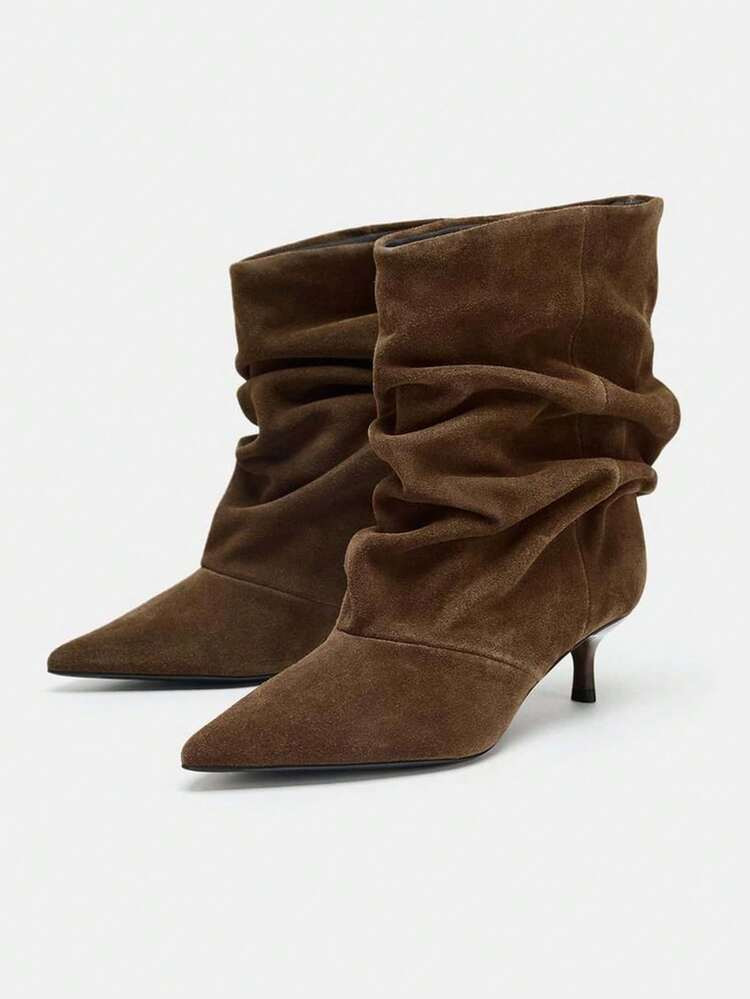 Women's Brown Pointed Toe Pleated Short Boots, Suede Mid-Calf Boots With Kitten Heels, Autumn/Winter 2025,Party
4.15
(26)
 | SHEIN