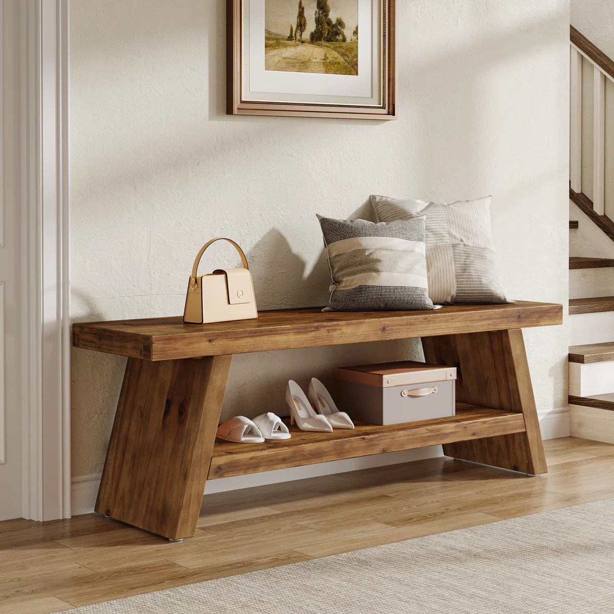 2-tier Solid Wood Entryway Bench, Indoor Shoe Bench Hallway Foyer Seating With Open Shelves | Wayfair North America