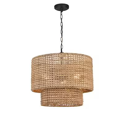 allen + roth  Adara 3-Light Matte Black Canopy with Natural Rattan Shade Traditional Drum Pendan... | Lowe's