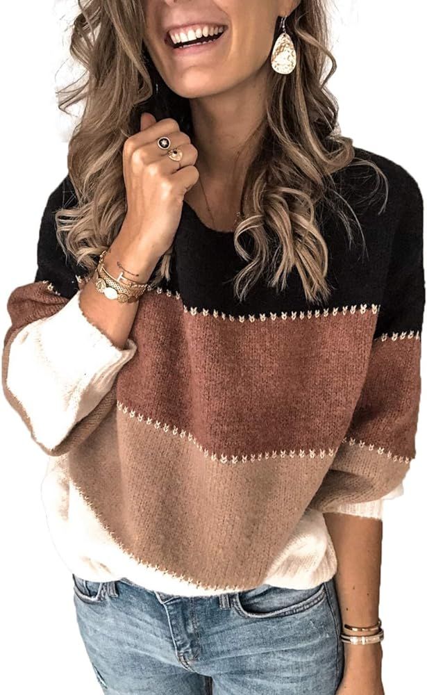 Kaei&Shi Color Block Sweater for Women Striped Colorblock Pullover Sweater Ballon Sleeve Knit Ove... | Amazon (US)