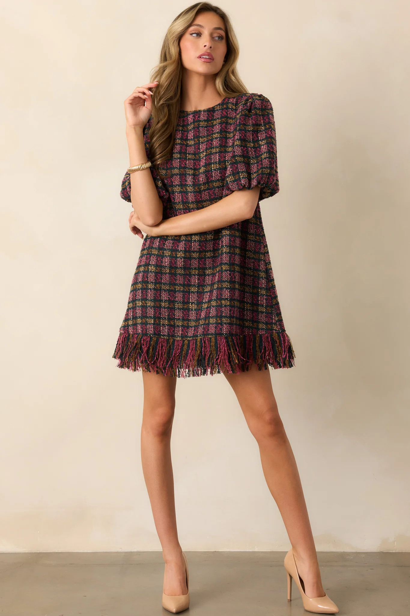 Prosperina Cecelia Pink Multi Plaid Tweed Mini Dress | Red Dress
