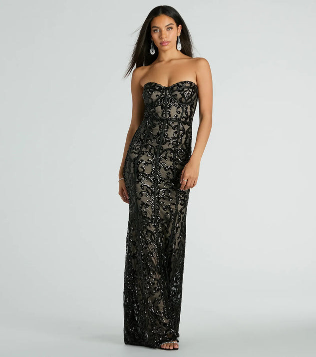 Serena Strapless Corset Sequin Column Formal Dress | Windsor Stores